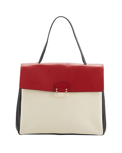 Colorblock Medium Leather Satchel Bag, Black/white