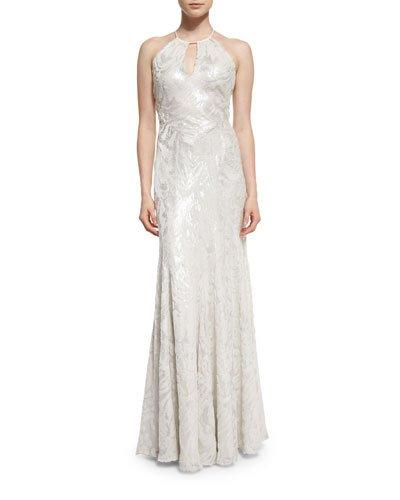 Halter-neck Metallic Burnout Gown, Platinum