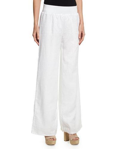 Pull-on Wide-leg Linen Pants, White