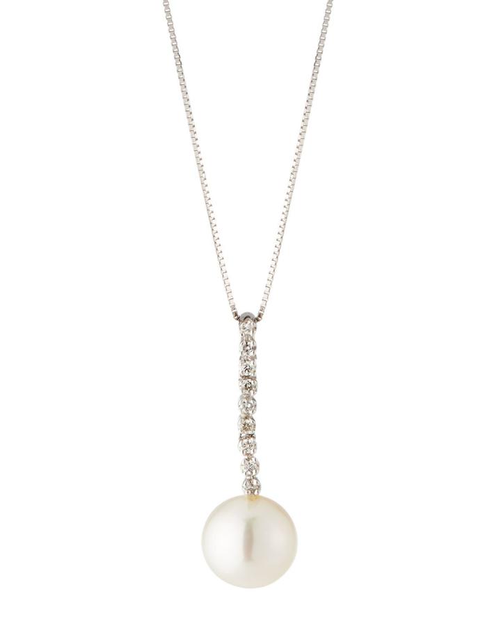 14k White Gold Diamond & Pearl Drop Necklace