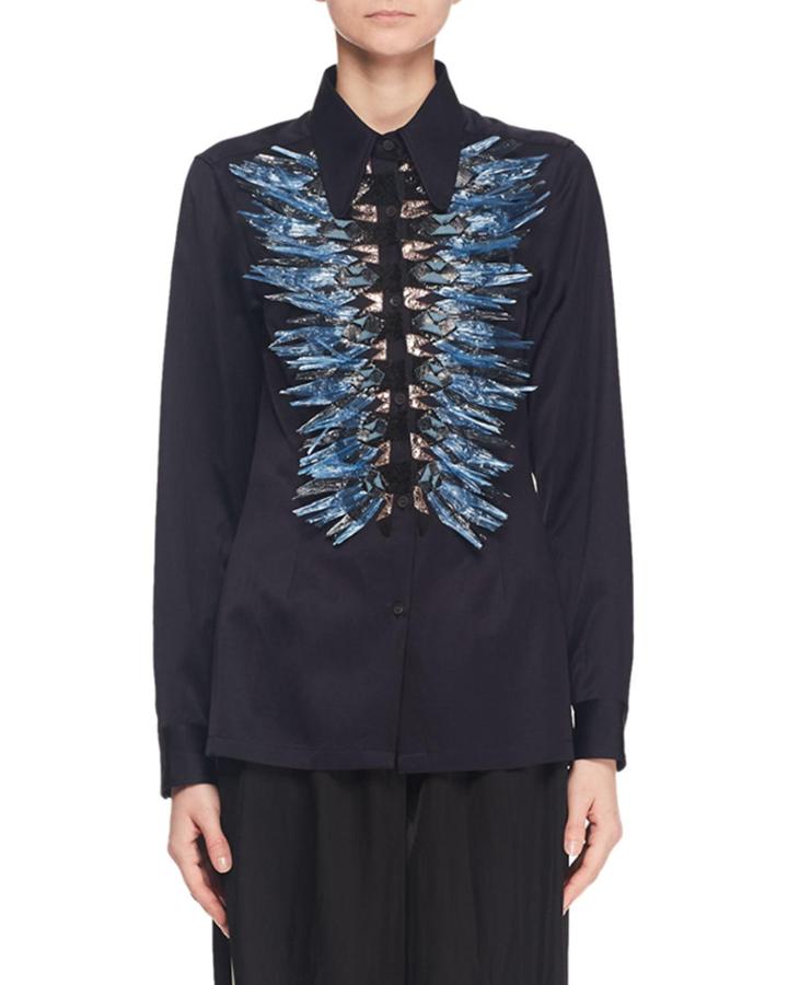Raffia Button-front Long-sleeve Blouse