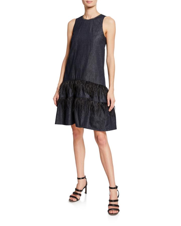 Sleeveless Denim Dress W/ Ostrich Feathers