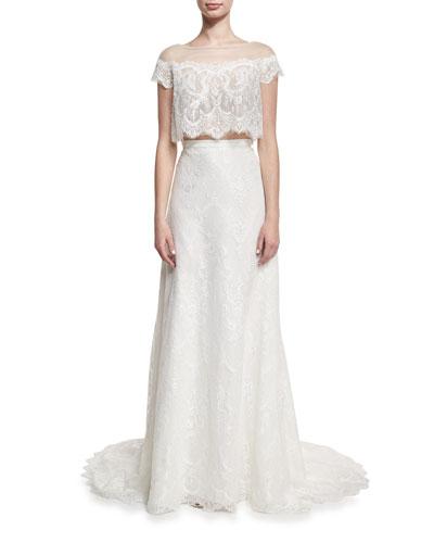 Two-piece Hand-beaded Lace Gown, White
