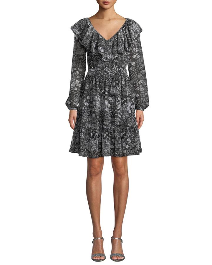 V-neck Ruffle Long-sleeve Paisley-print Dress