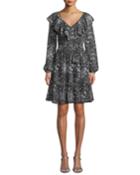 V-neck Ruffle Long-sleeve Paisley-print Dress
