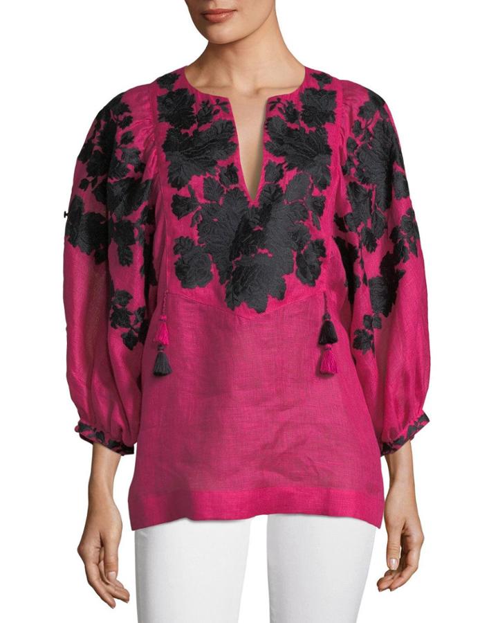 Puff-sleeve Split-neck Floral-embroidered