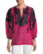 Puff-sleeve Split-neck Floral-embroidered