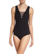 Sleeveless Lace-up Ribbed Bodysuit, Black