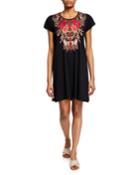 Burke Floral Embroidered Short-sleeve Tunic Dress