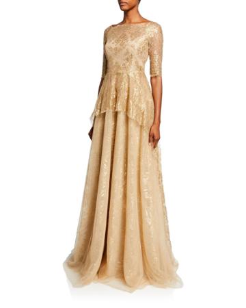 Square-neck Elbow-sleeve Metallic Chantilly Lace Peplum Gown