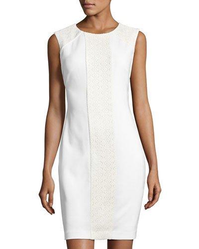 Sleeveless Lace Scuba Sheath Dress, White