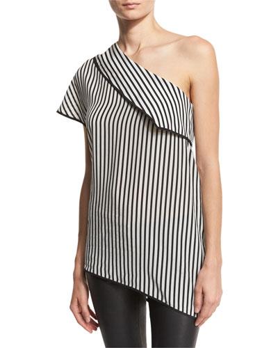 One-shoulder Striped Side-slit Silk Top, Black/white