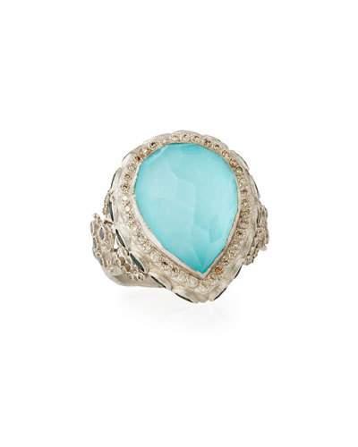 New World Turquoise Doublet Cocktail Ring W/ Mixed Diamonds & Tourmaline,