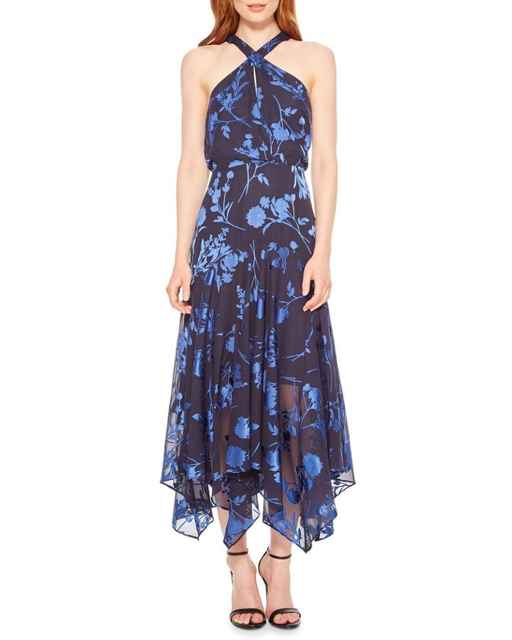 Sierra Georgette Halter Dress With Floral Burnout Detail