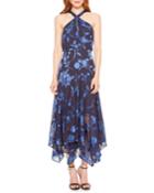 Sierra Georgette Halter Dress With Floral Burnout Detail