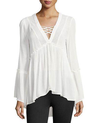 Lace-up-front Crochet-detail Peasant Top