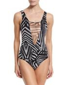 Abstract-print One-piece W/mesh Insets