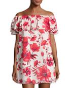 Off-the-shoulder Floral-print Dress, White/red