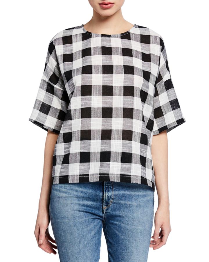 Check Short-sleeve Crewneck Blouse