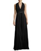 Sleeveless Pleated Gown With Embellished Waist, Black