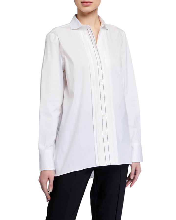 Pleated Monili Placket Long-sleeve Poplin Blouse