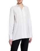 Pleated Monili Placket Long-sleeve Poplin Blouse
