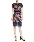Short-sleeve Lace & Pleated Floral Cocktail Dress