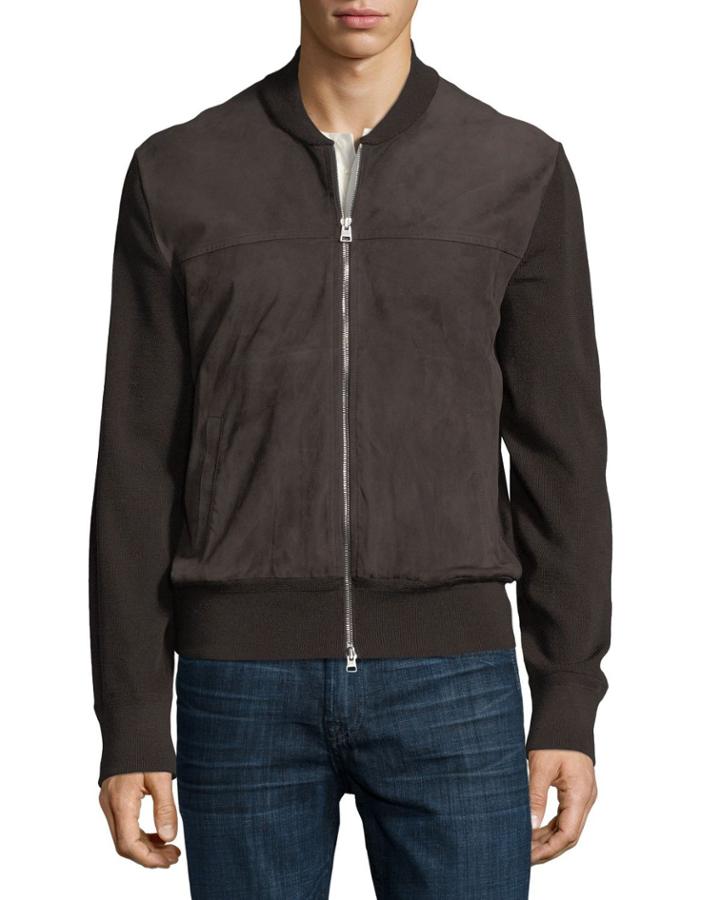 Suede-front Merino Wool Zip Cardigan