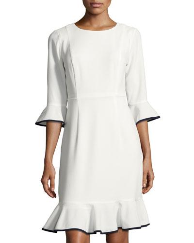 3/4-sleeve Flounce-hem Dress, White/blue