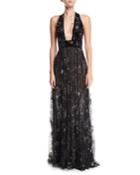 Beaded Lace Cold-shoulder Fringe Gown