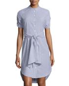Striped Seersucker Tie-waist Shirtdress, Blue/white