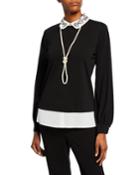 Collared Embroidered Pearlescent Twofer Top