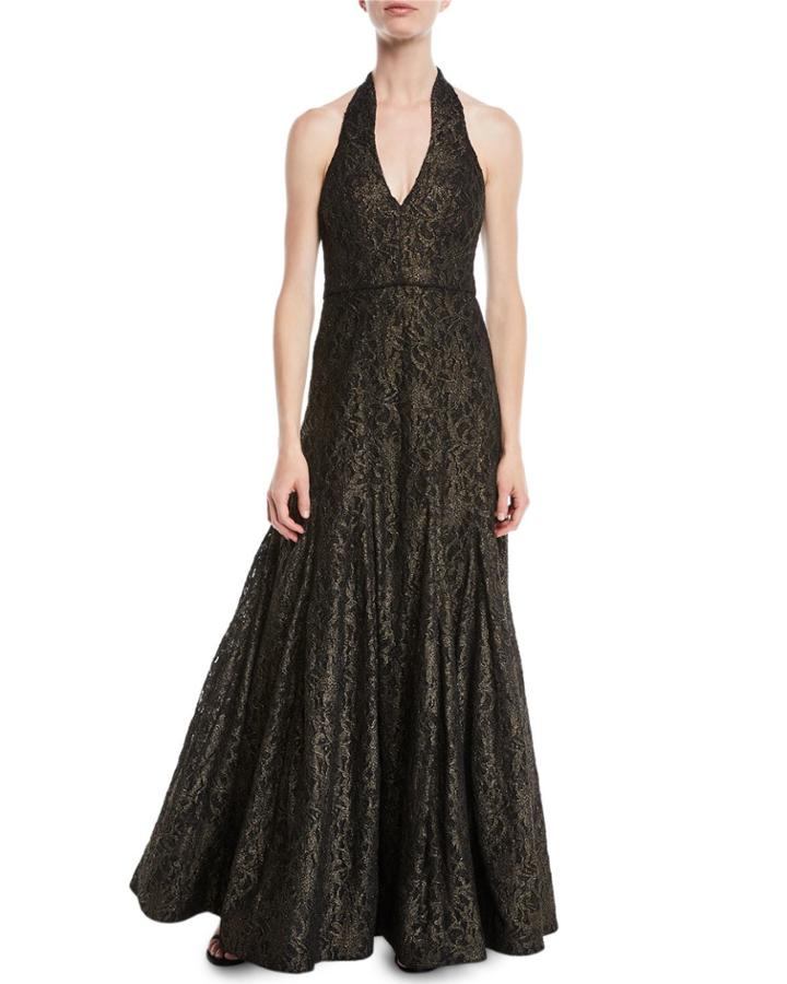 Metallic Lace Halter Gown