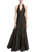 Metallic Lace Halter Gown