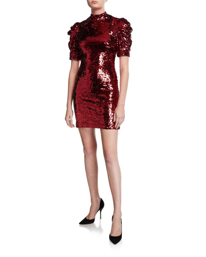 Brenna Sequin Mock-neck Puff-sleeve Fitted Dress
