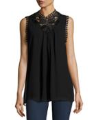 Sleeveless High-neck Lace-trim Blouse