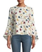 Floral Tiered Bell-sleeve Button Front Blouse