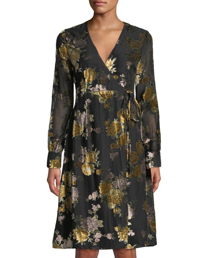 Sonya Wrap-front Dress With Velvet Floral Pattern