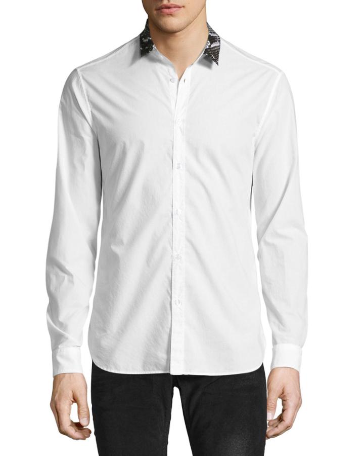 Woven Shirt With Snakeskin-print Collar, White
