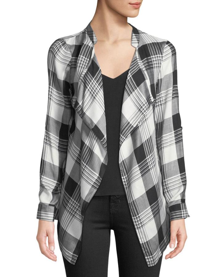Draped-front Open Plaid Cardigan