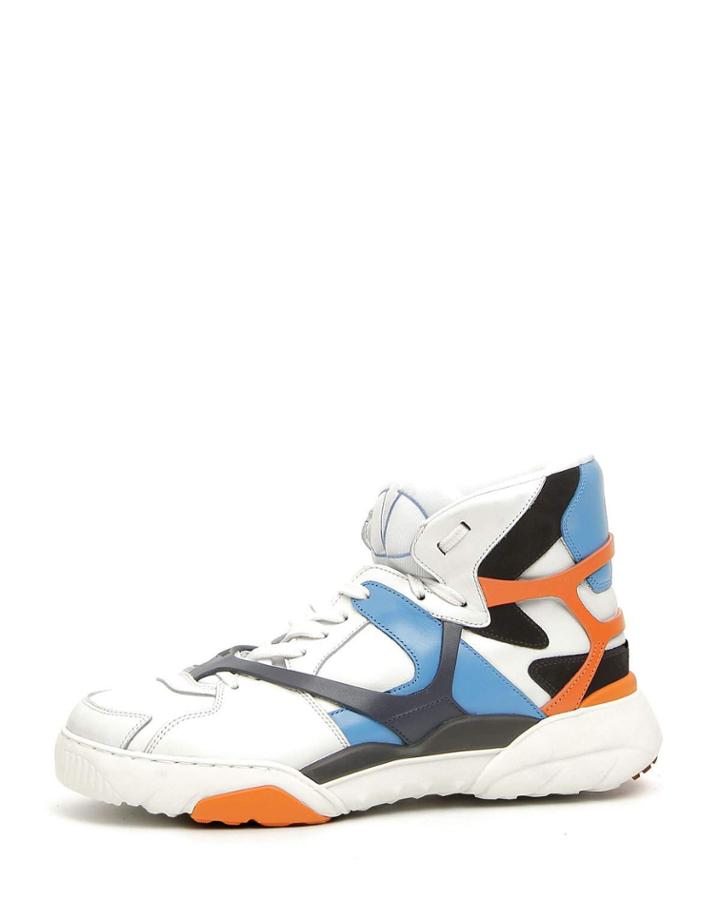 Men's Retro Logo Leather High-top Sneakers, Blue/orange