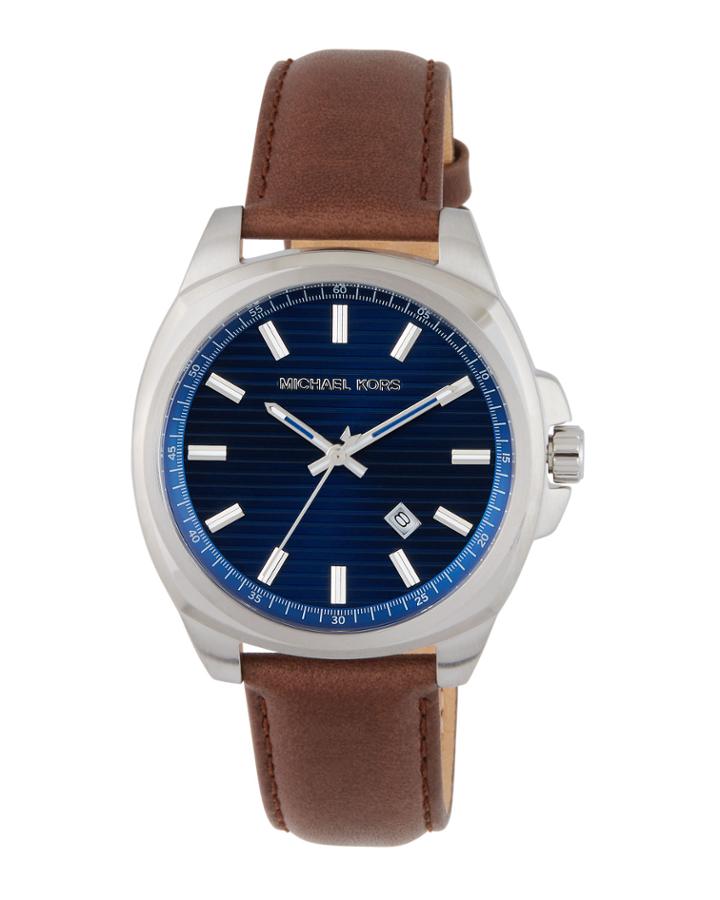 42mm Bryson Leather Watch W/ Date, Navy/brown
