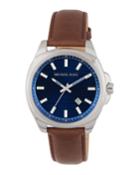 42mm Bryson Leather Watch W/ Date, Navy/brown