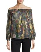 Off-the-shoulder Floral-print Top, Black Pattern