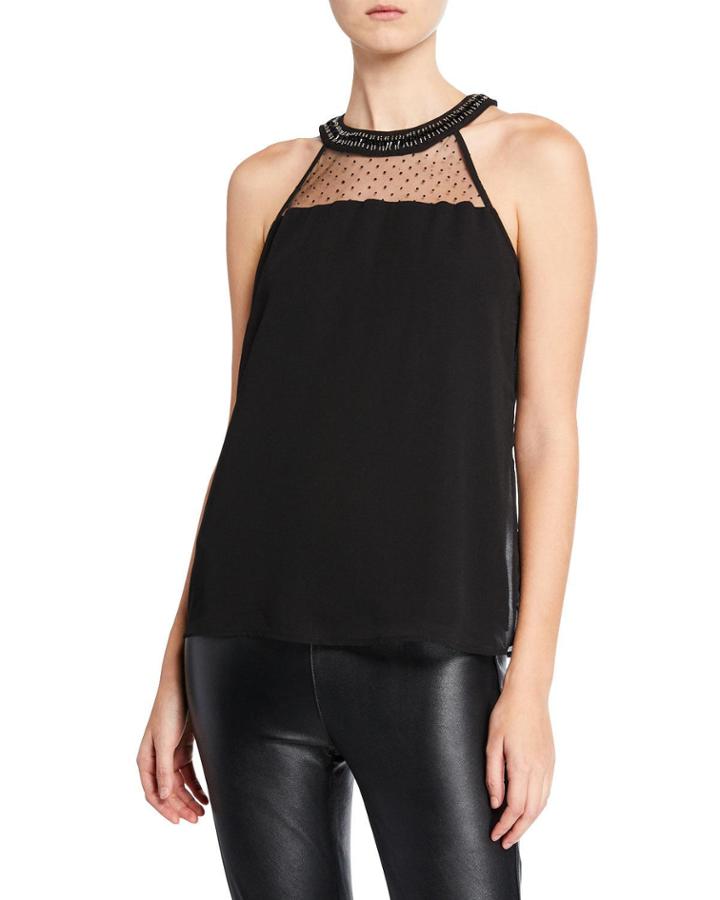 Sleeveless Halter Top With Swiss Dot Inset