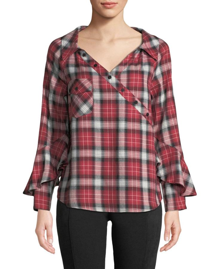 Plaid Wrap-button Ruffle-sleeve Blouse
