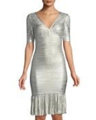 Foil Metallic Pointelle Flounce-hem Bandage Dress