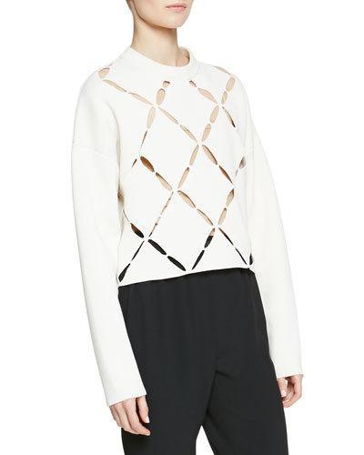 Cutout Argyle-front Knit Sweater, Off White