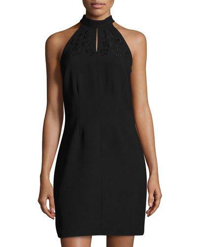 Floral Laser-cut Halter Dress, Black