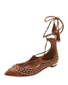 Christy Folk Suede Ankle-wrap Flat, Cognac